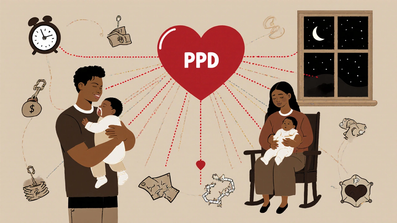 Diverse new parents surrounded by symbolic stressors, connected by a single thread of hope.