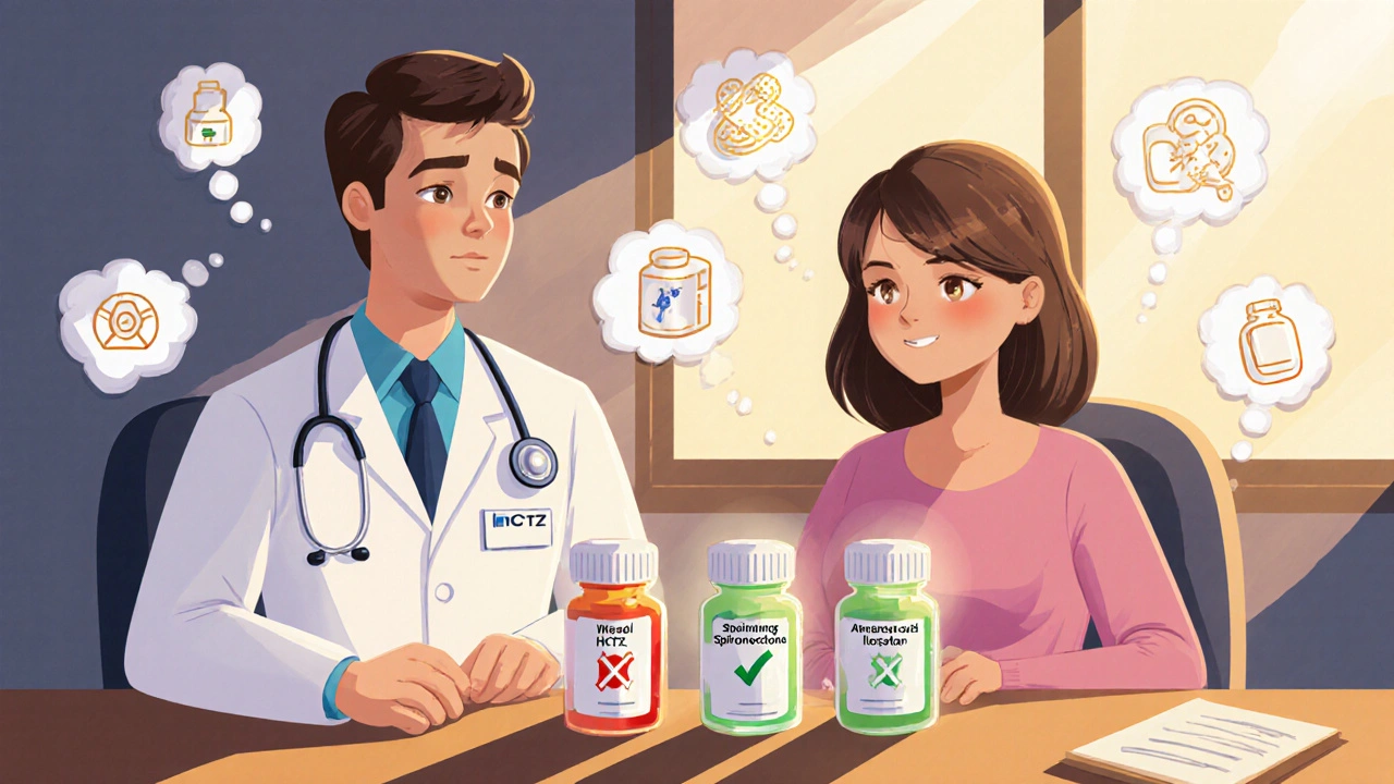 Doctor and patient comparing three blood pressure pills, with one glowing as the safest choice for gout.