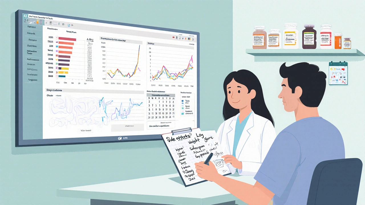 Doctor and patient reviewing blood test results and side effects log in a clinic with labeled medication bottles.