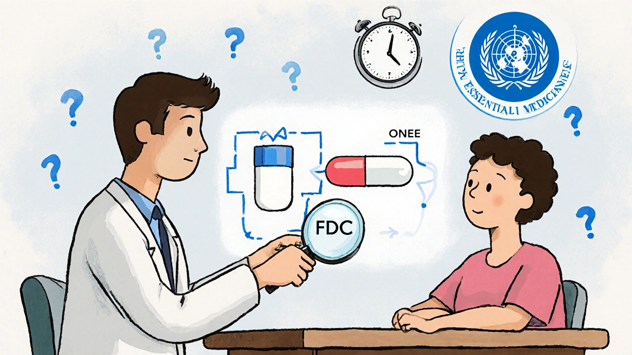 Doctor uses magnifying glass over an FDC pill while explaining with a flowchart.