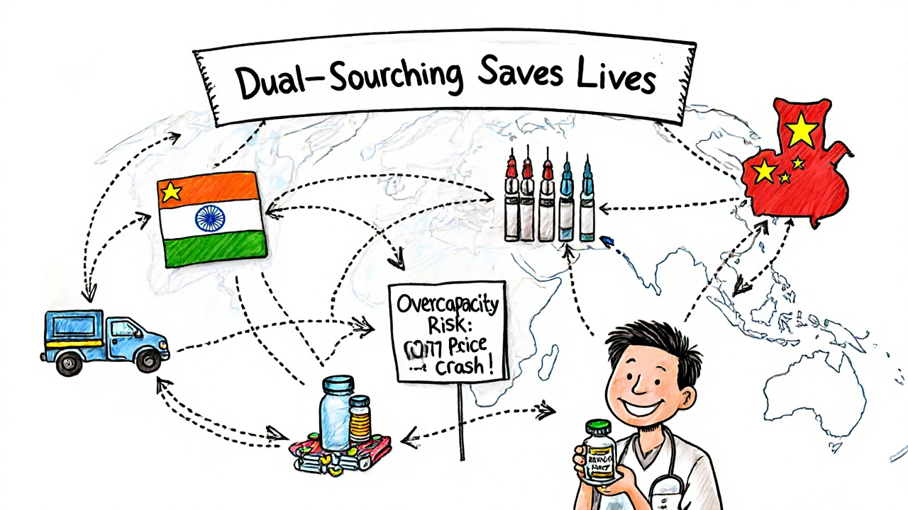 Global pharmaceutical supply network connecting India, China, Vietnam, and Cambodia with medicine flow arrows.