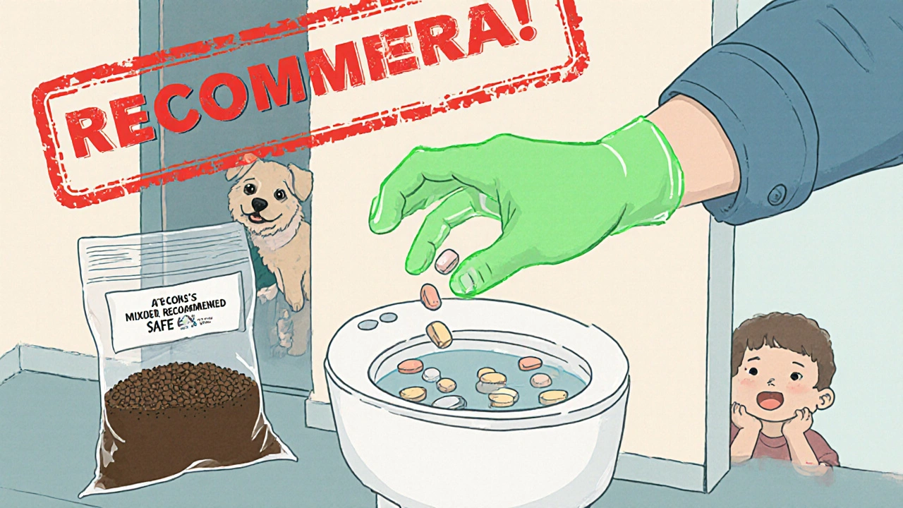 Hand stopping person from flushing pills, showing safe disposal with coffee grounds