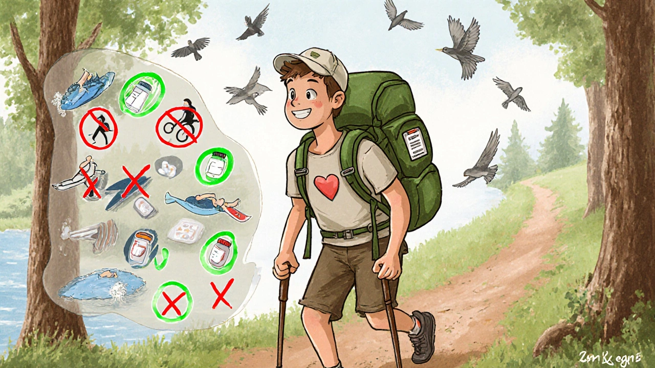 Hiker on trail with safe activities glowing and risky ones crossed out, pill pack visible in backpack.