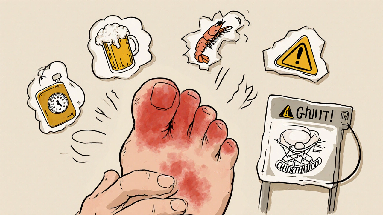 Man holding his painful toe, surrounded by food and medication icons linked to gout flare-ups.