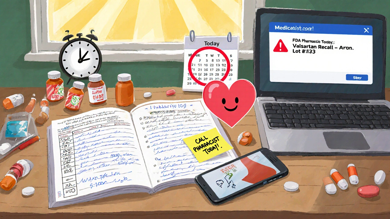 Medication log on counter with phone, bottles, and FDA alert notification visible