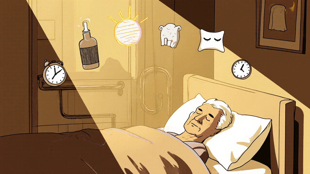 Older adult sleeping peacefully with non-drug allergy and sleep aids floating above bed, sunbeam shining through window.