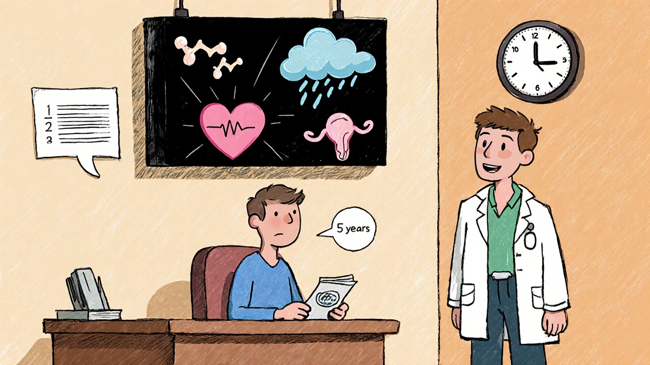 Patient in doctor’s office with a floating black box showing life-threatening risks, doctor explaining calmly.