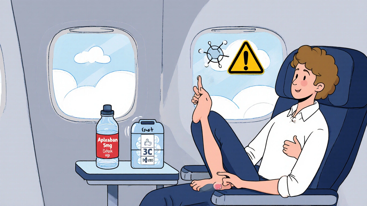 Person on plane doing leg exercises with water bottle and pill organizer nearby.