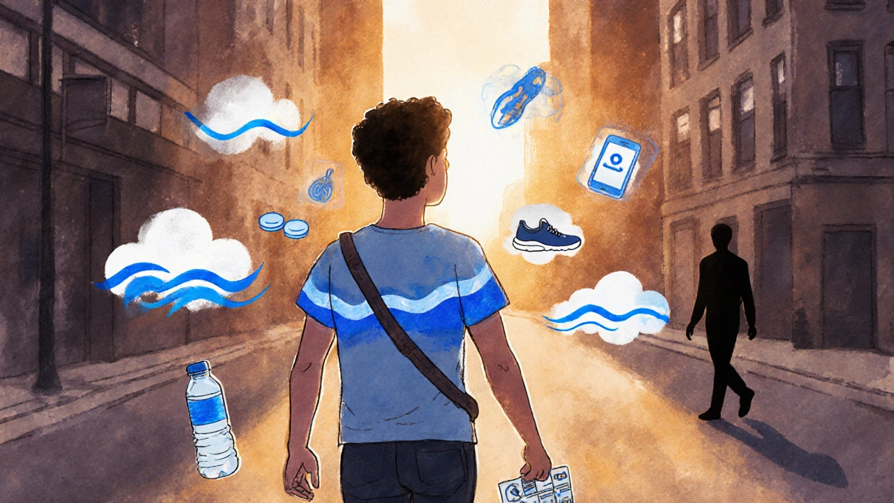 Person walking confidently at sunrise with water bottle and pill organizer, inner emotional calm replacing past turmoil.