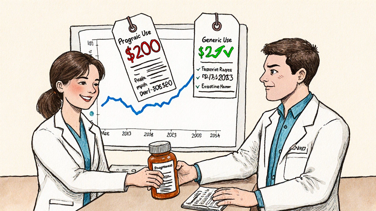 Pharmacist giving generic transplant medication to patient, with price tags showing dramatic cost savings and rising generic adoption chart.
