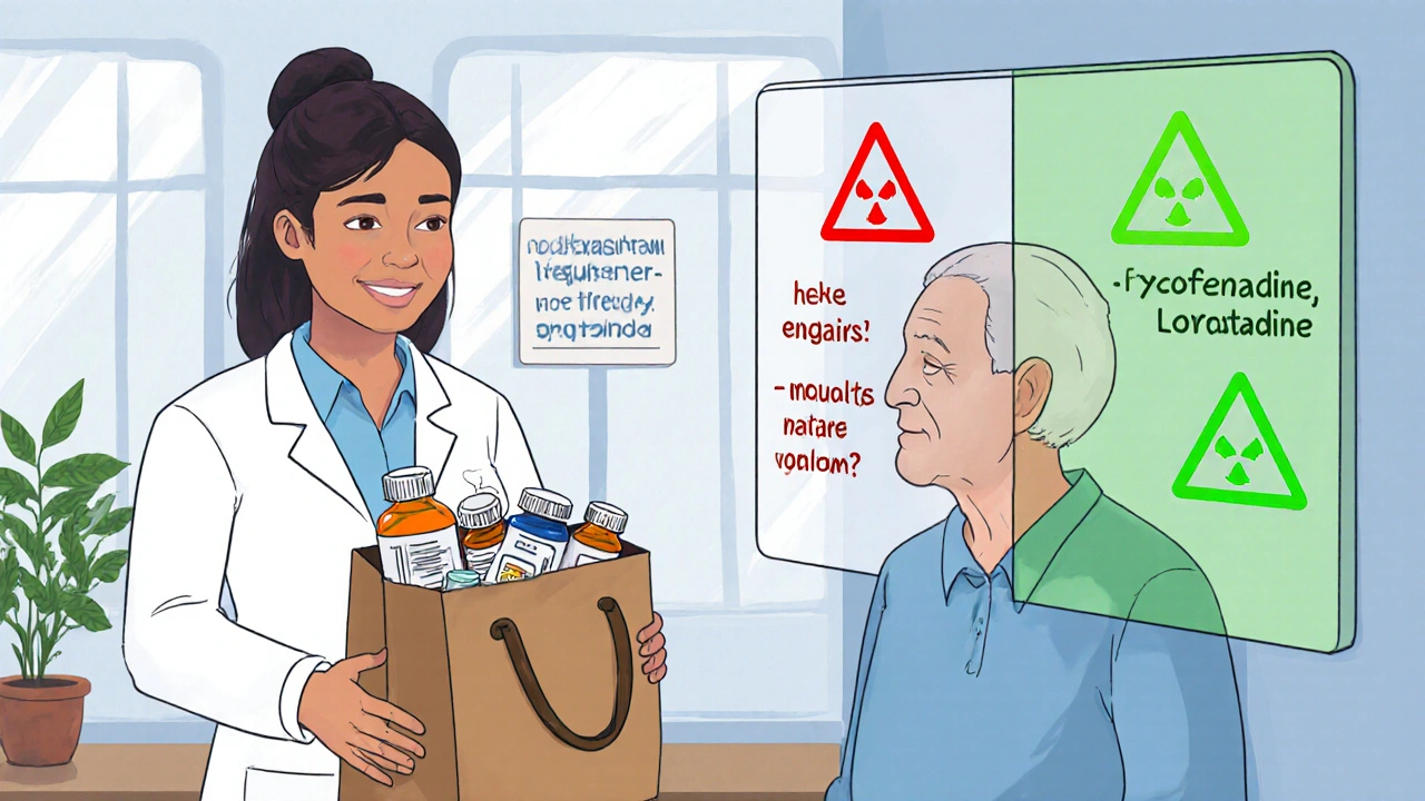Pharmacist reviewing medications with older adult, showing safe vs. dangerous antihistamines in split-screen illustration.