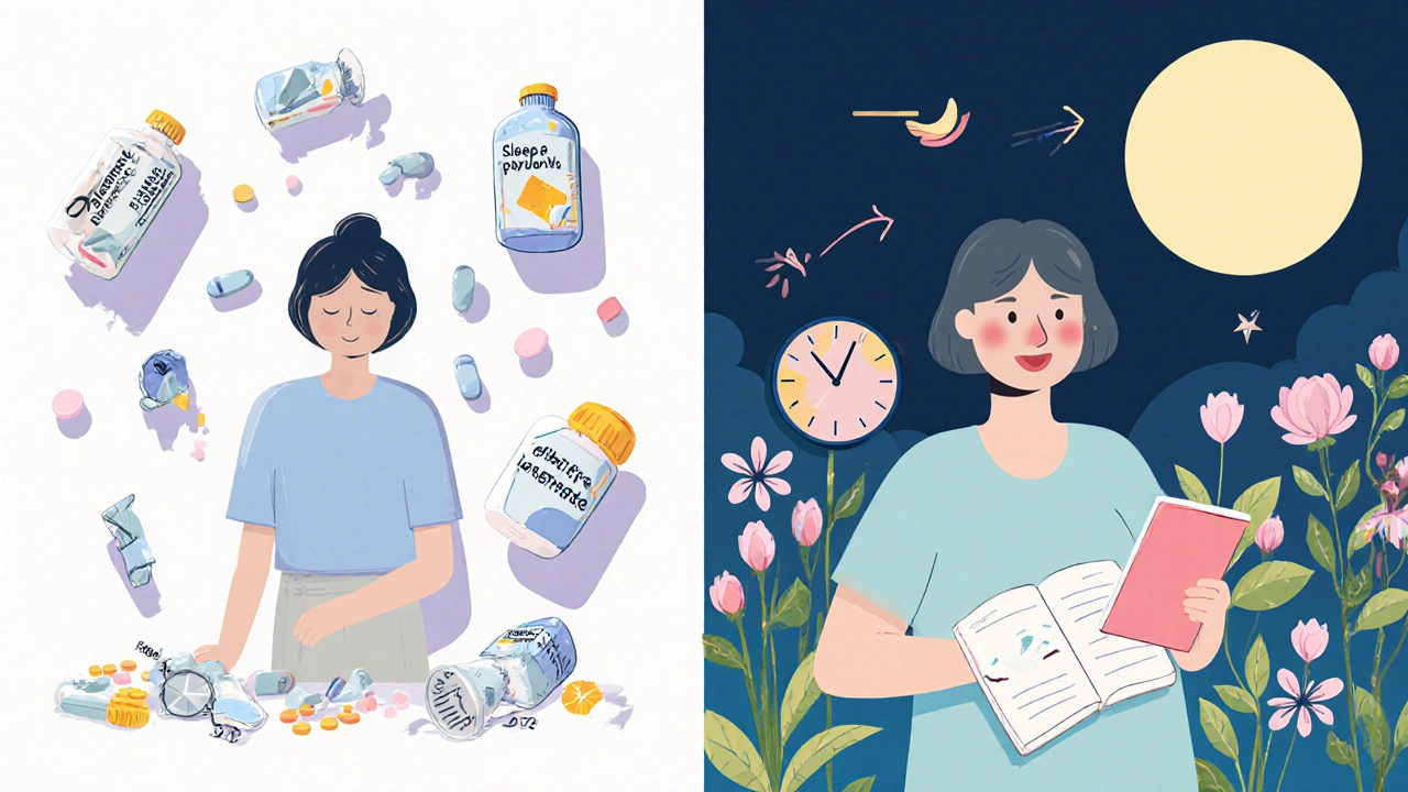 Side-by-side: one side shows pill dependency dangers, the other shows natural sleep recovery with journal and moonlight.