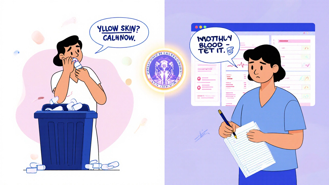 Split scene: patient discarding pill vs. taking it with notes and health alerts, symbolizing informed choice.