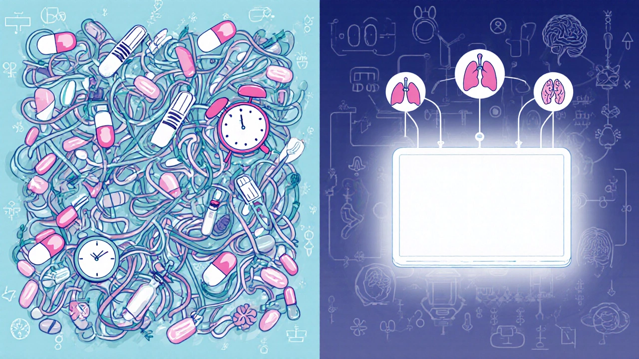 Split-screen: messy medication routine vs. single pill with connected organ icons.