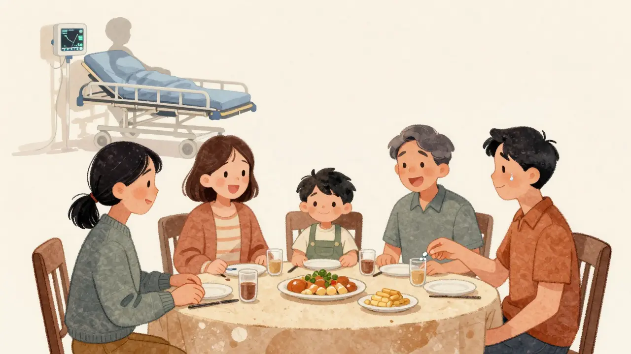 A family at dinner, one member hiding pills, their shadow becoming a hospital gurney.