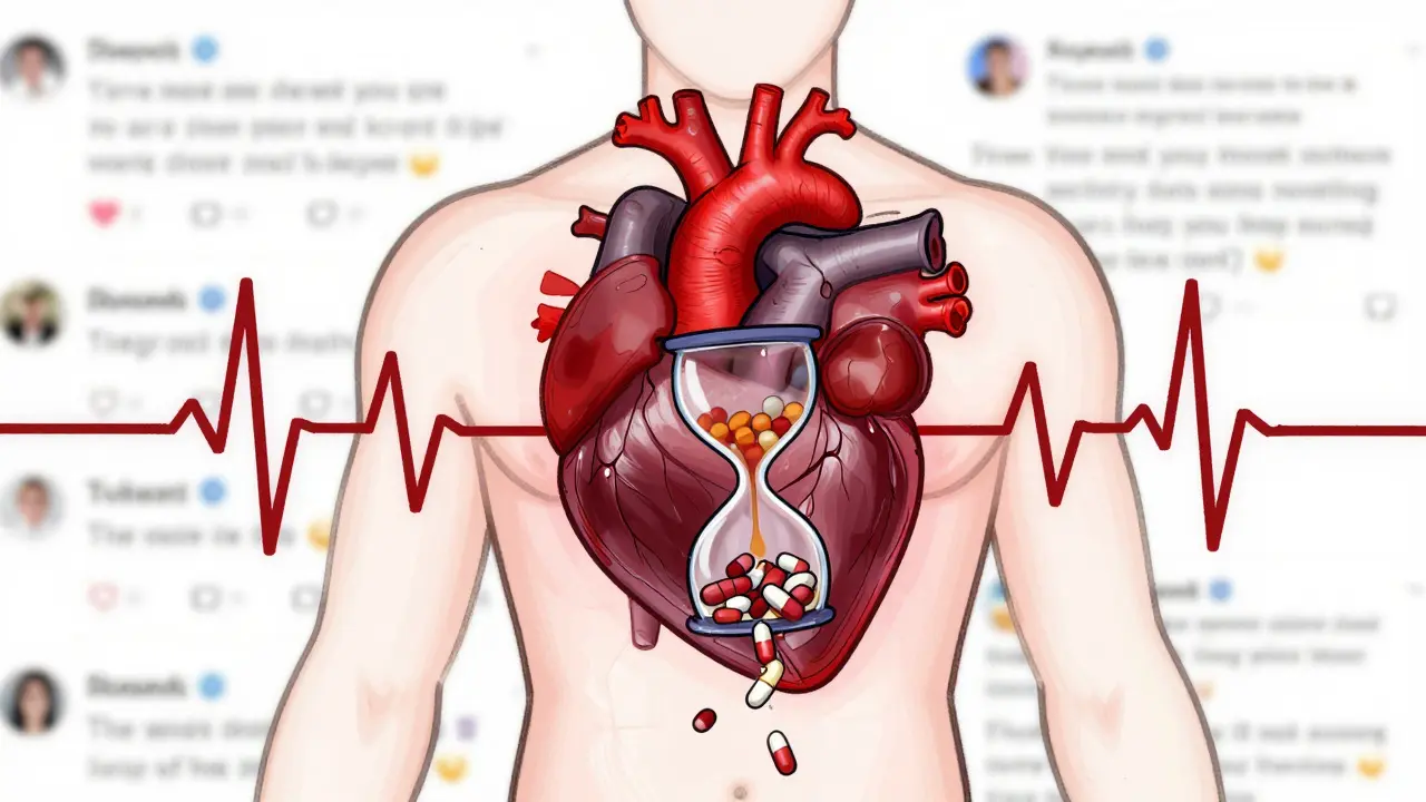 A human torso with a heart shaped like a pill-filled hourglass, distorting an ECG line.