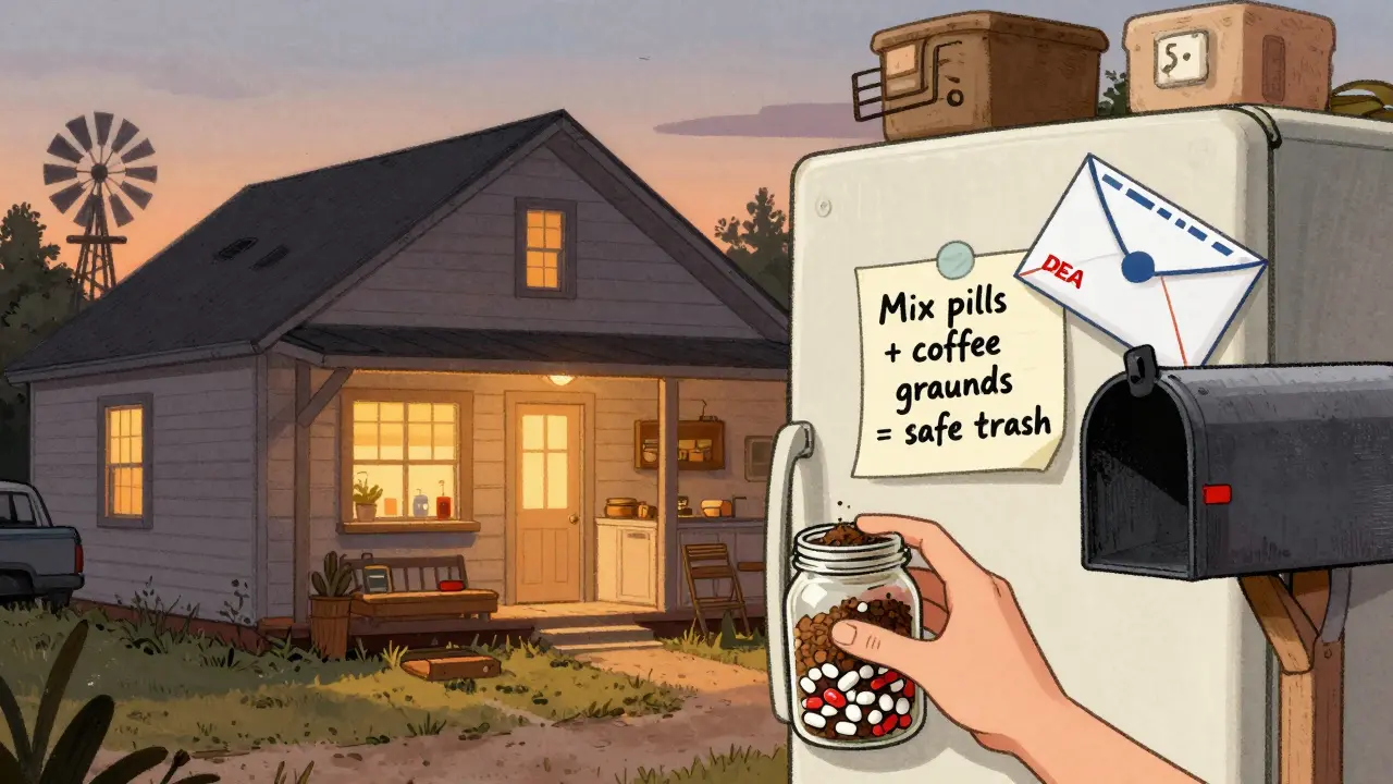 A jar of pills mixed with coffee grounds sealed for trash, with a mail-back envelope in a rural mailbox.