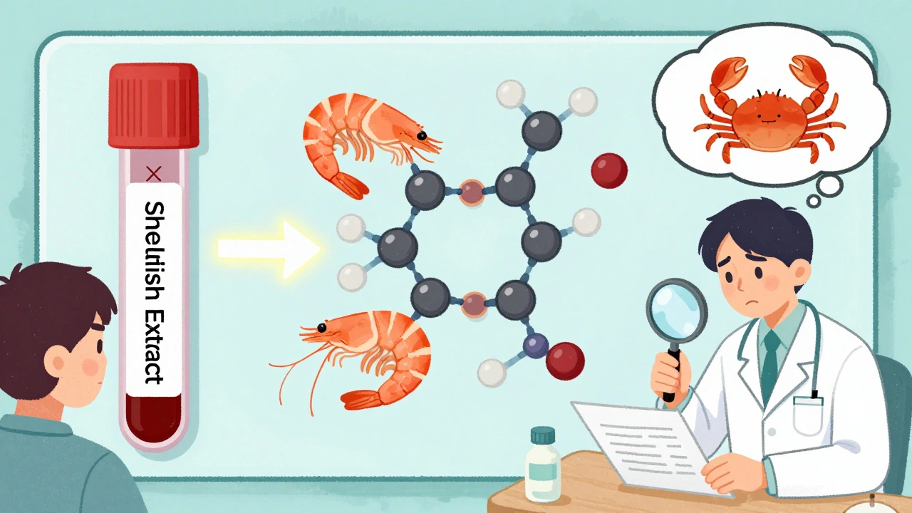 A medical illustration comparing tropomyosin proteins in shrimp and dust mites, with a blood test and doctor looking on.