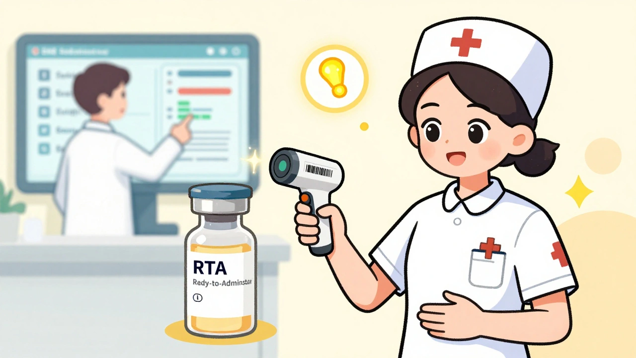 A nurse administers a pre-measured medication with a barcode scanner as a pharmacist spots a drug interaction.
