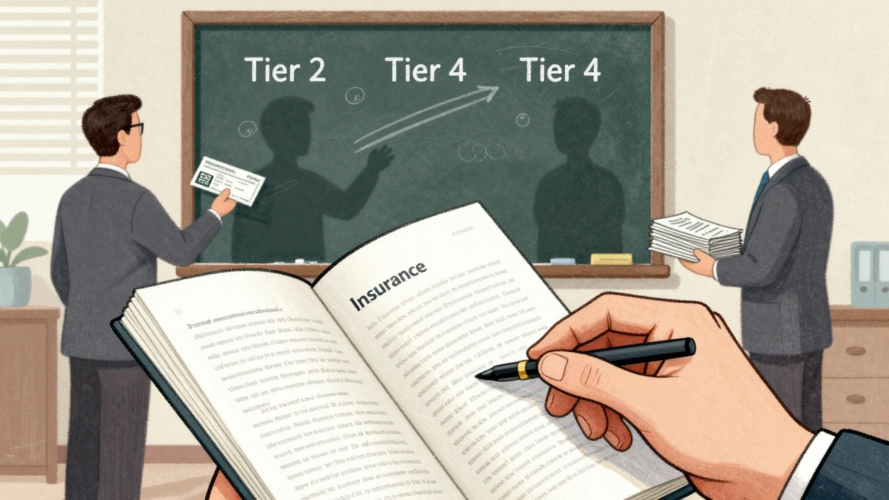 A patient reads fine print in an insurance booklet as shadowy figures move their medication to a higher cost tier.