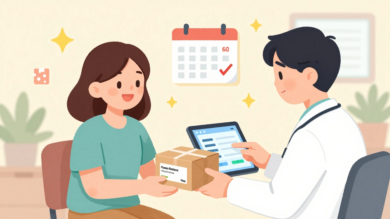 A patient receives free medication with their doctor checking a formulary alert, symbols of support floating nearby.