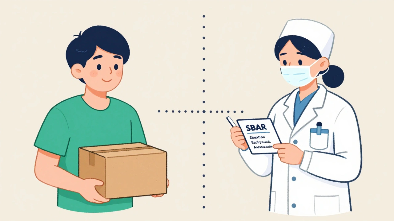 A patient receives mail-order meds while a pharmacist uses SBAR cards to communicate with a nurse.
