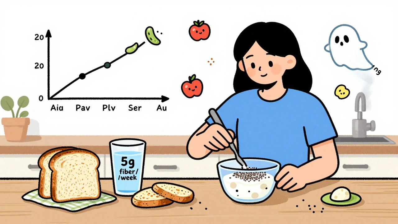 A person builds a fiber-rich habit with whole foods and water, with a fading bloating ghost nearby.