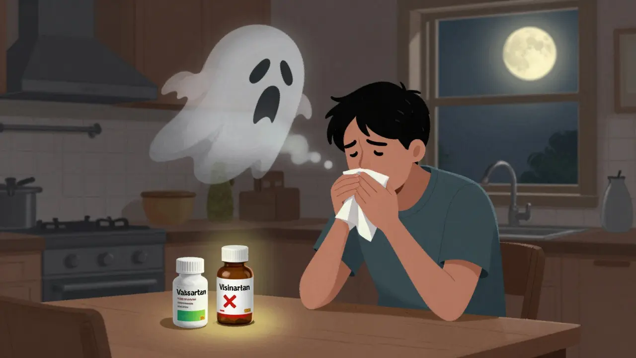 A person coughing at night with a ghostly cough cloud, beside an old pill with an X and a new glowing pill on the counter.