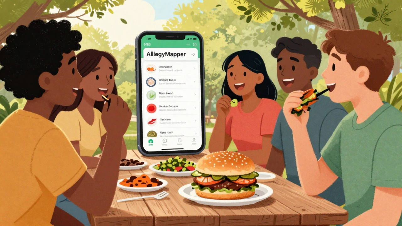 A person eats a vegan shrimp burger at a picnic while an app scans a menu to flag hidden allergens.