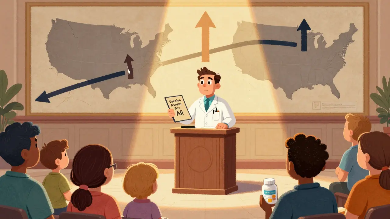 A pharmacist advocates for vaccine access at a state capitol, surrounded by diverse patients holding pill bottles.