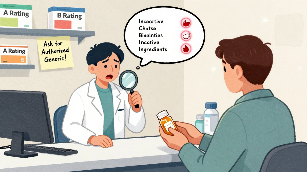 A pharmacist hands a pill bottle to a patient whose thought bubble reveals alarming inactive ingredients.