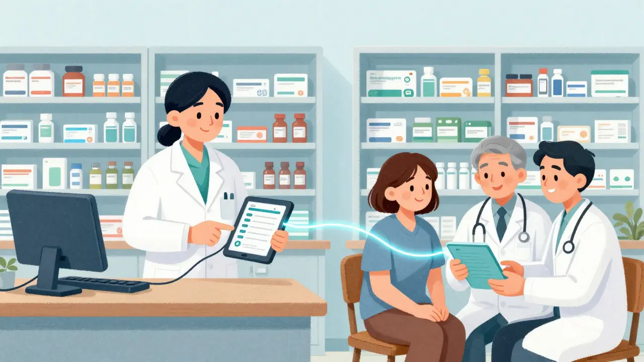 A pharmacist shares a vaccine record digitally with a doctor, connecting care across two rooms.