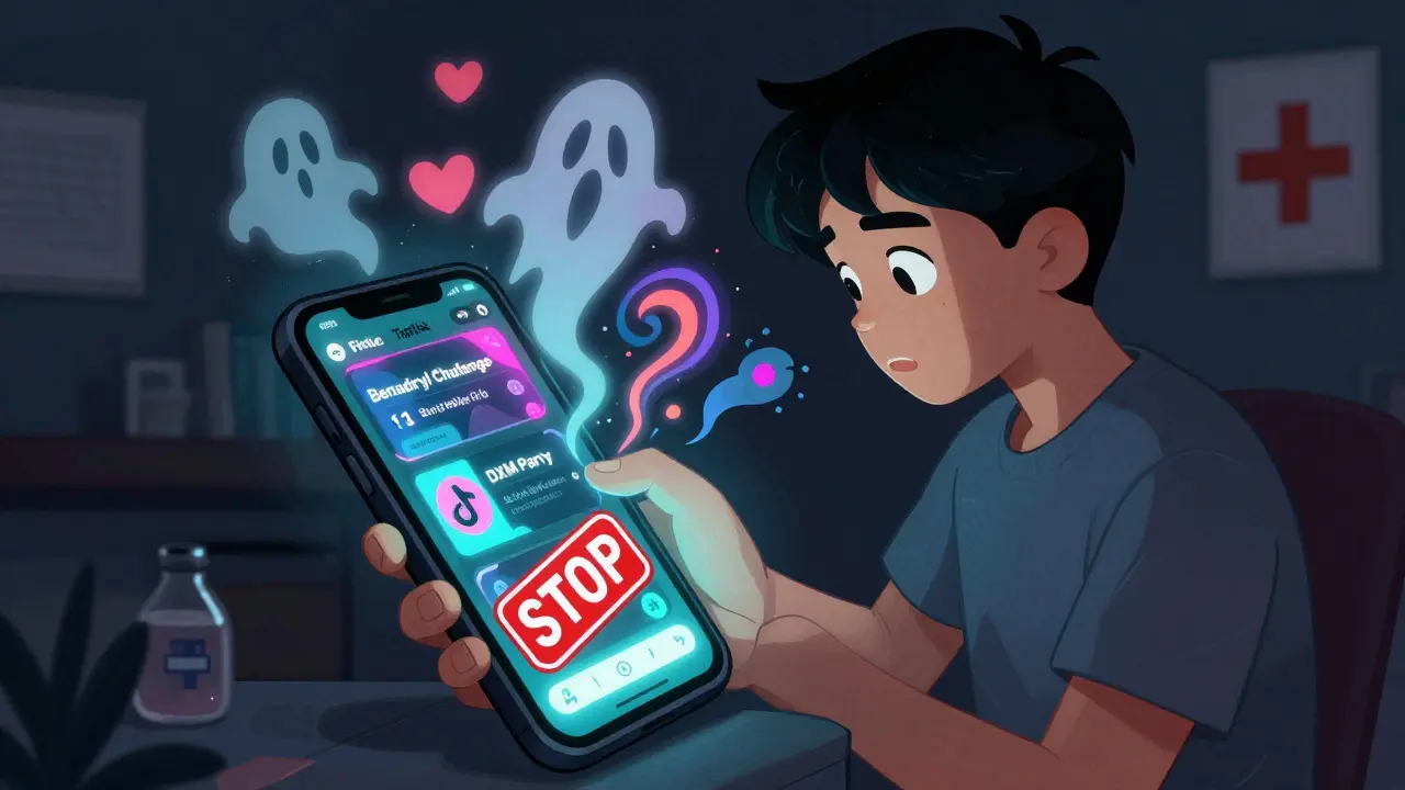 A teen scrolling dangerous OTC drug challenges on a phone, with eerie hallucinations rising from the screen.