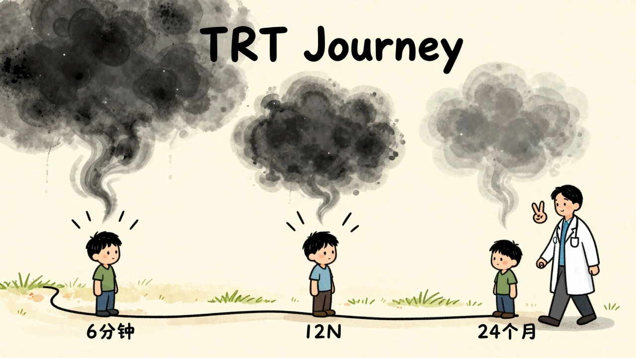 A winding path symbolizing TRT progress over two years, with a person growing calmer as tinnitus clouds fade into mist.