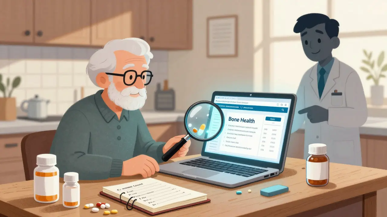 An elderly person reviewing medication labels and an FDA warning on a laptop, with a pharmacist guiding them.