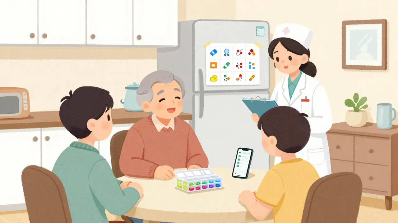 An older adult at home using a colorful pill organizer and a medication reminder app with a nurse nearby.