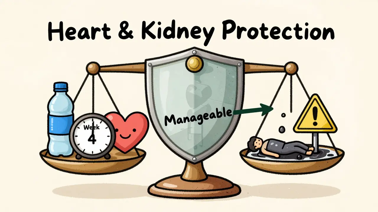 Balanced scale showing hydration and heart health vs. side effects, with protective shield and warning signs.