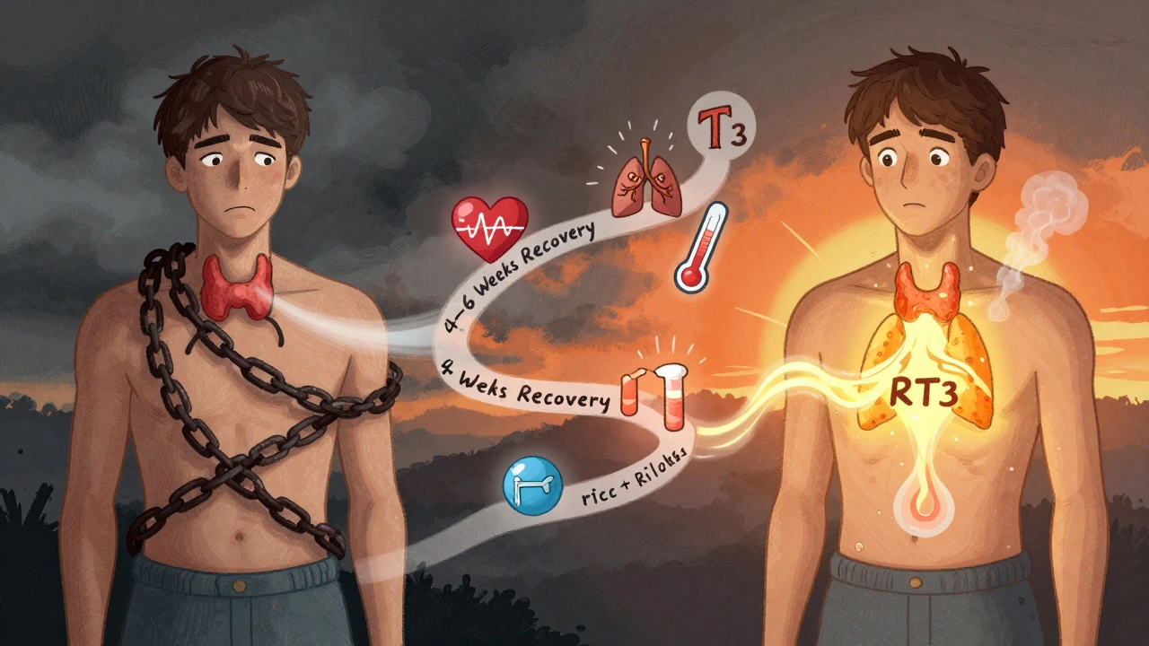 Before-and-after recovery scene showing tangled hormones transforming into flowing, healthy thyroid signals.