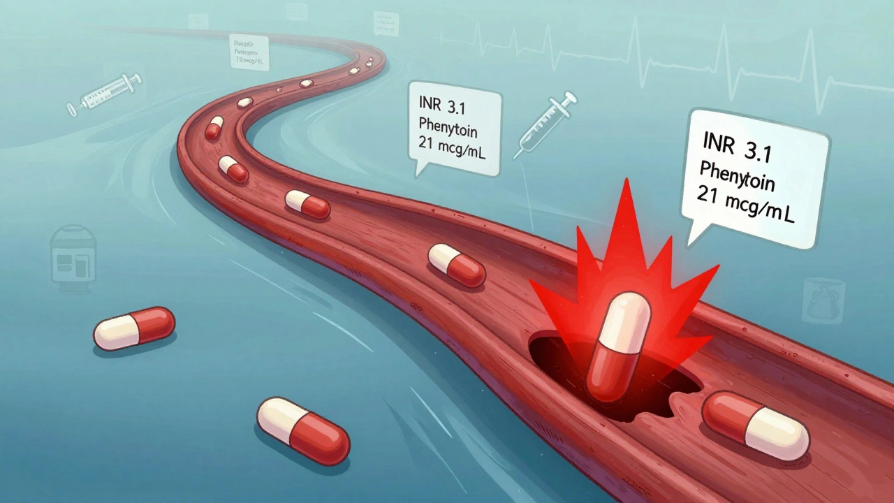 Bloodstream river with pills labeled brand and generic, one causing a red spike, others sinking, surrounded by lab results.