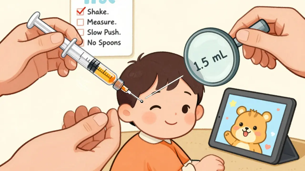 Close-up of hands slowly administering liquid medicine from a syringe into a toddler’s cheek, with distraction tablet visible.