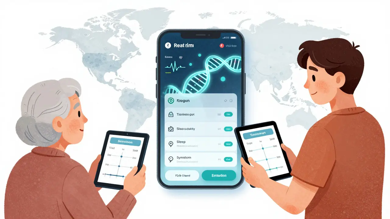 Digital app displaying personalized titration paths synced to genetic data and vital signs.