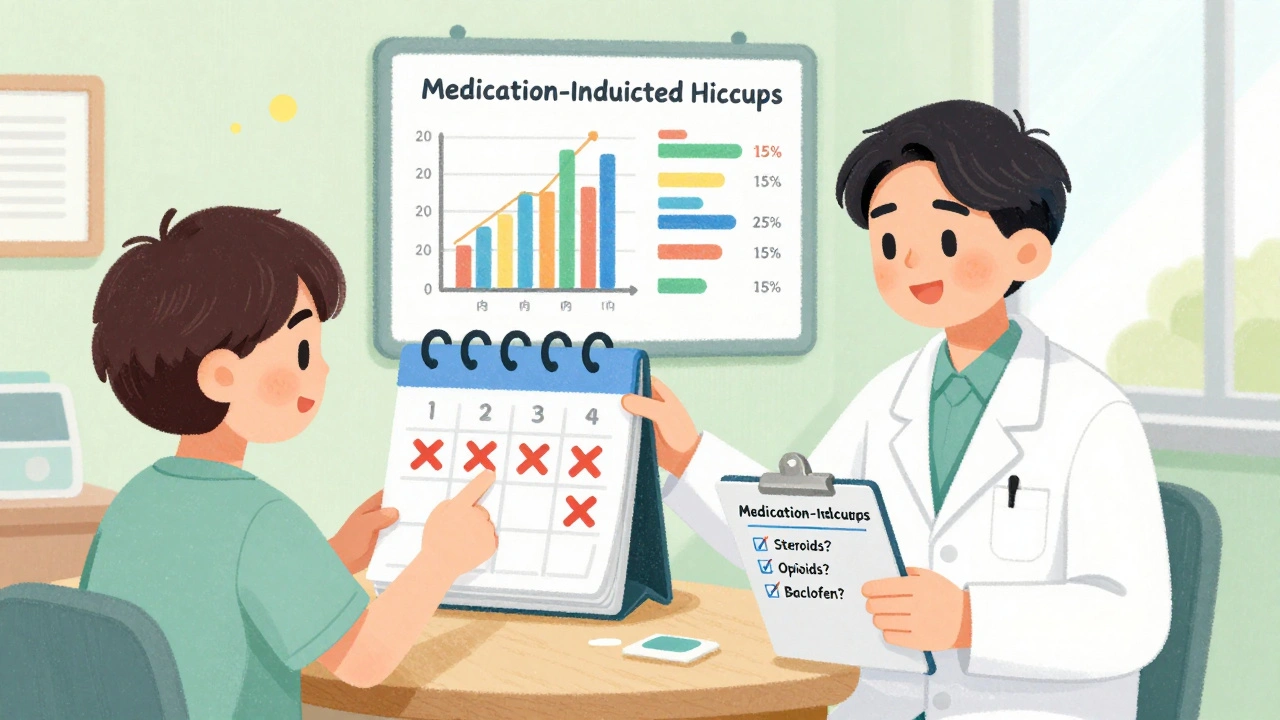 Doctor and patient in office reviewing checklist for medication-induced hiccups with illustrated drug chart.
