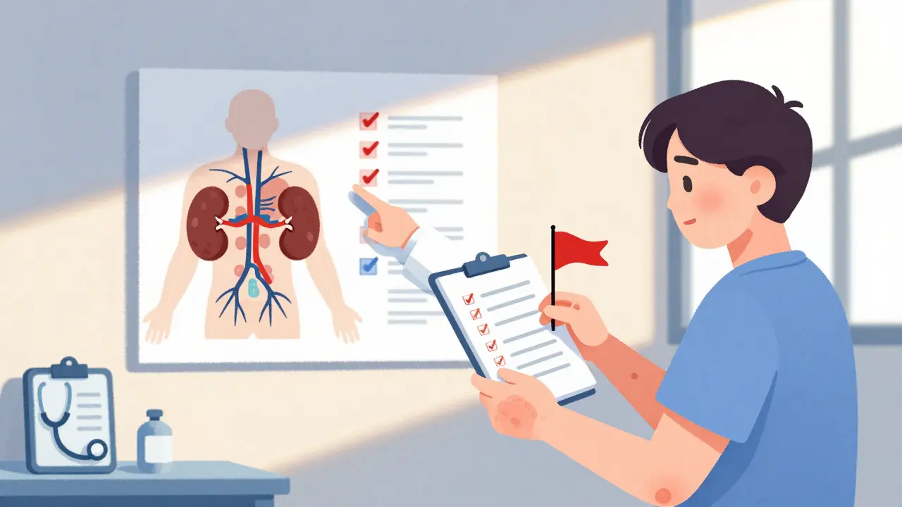 Doctor explaining medication side effects using a body diagram, patient holding symptom journal.