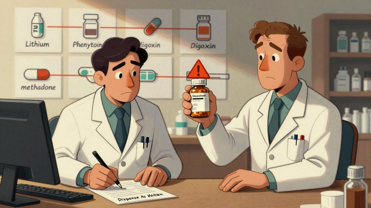 Doctor writes &#039;Dispense As Written&#039; on prescription as pharmacist hesitates beside NTI drug icons with warning signs.