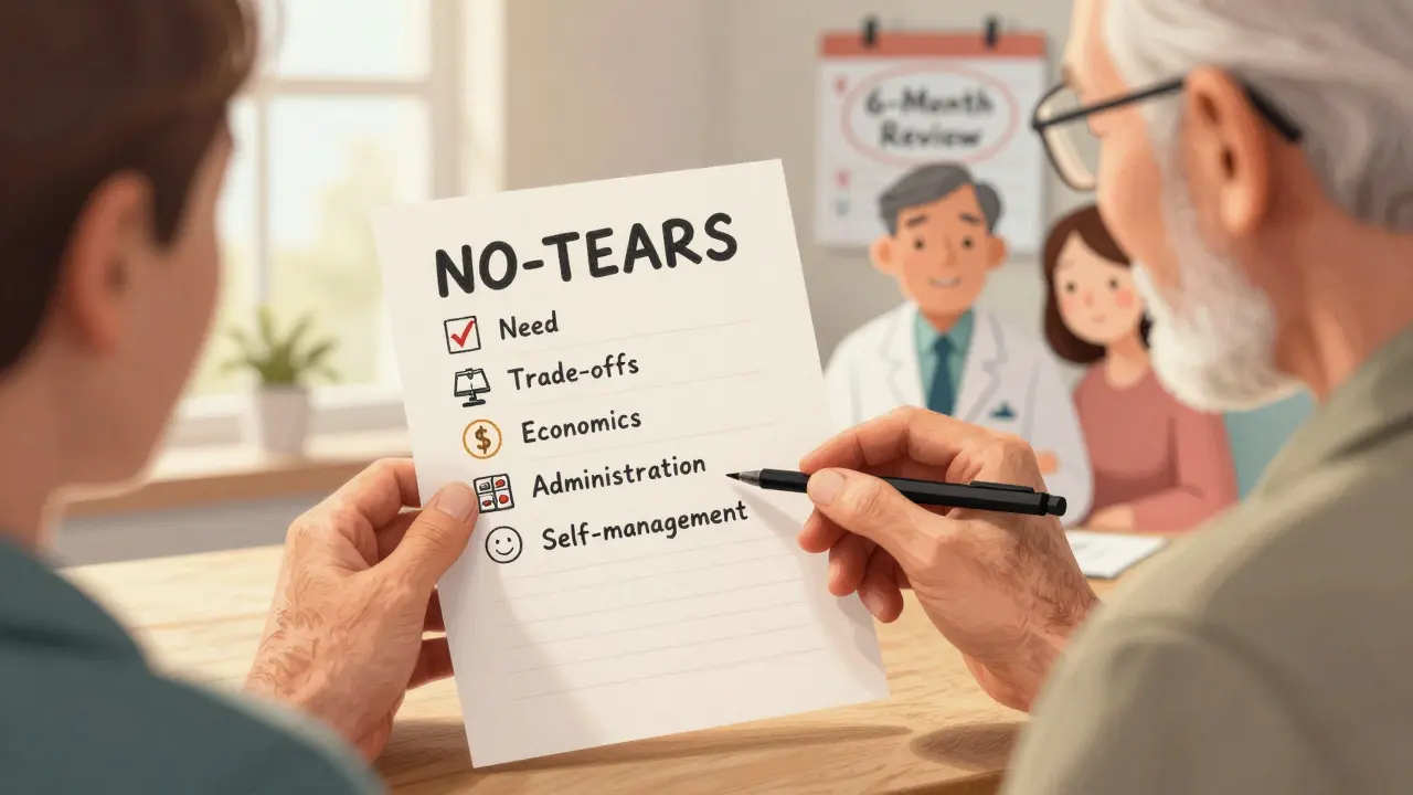 Elderly man reviewing a NO TEARS medication checklist with pharmacist and family member, sunlight streaming in.