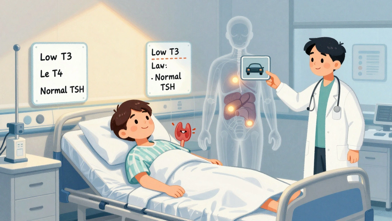 ICU scene with floating lab results and a car-in-neutral metaphor showing the body conserving energy during sickness.