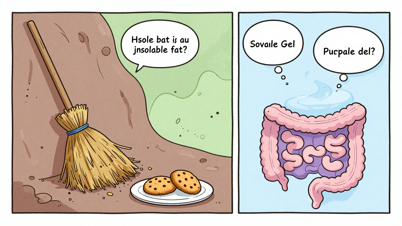 Insoluble fiber sweeps food through the gut while soluble fiber reduces hunger, shown in contrasting scenes.