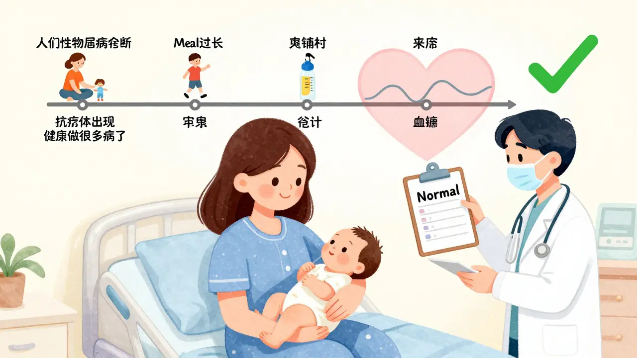 Mother holding newborn with normal glucose test result after pregnancy