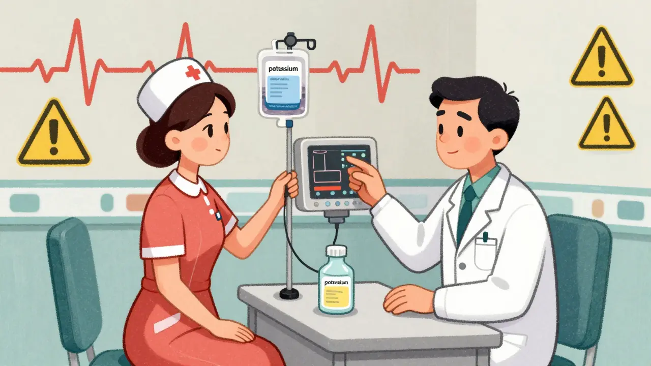 Nurse giving magnesium IV in an ER, doctor monitoring ECG with low potassium and magnesium readings, unused potassium bag on table.