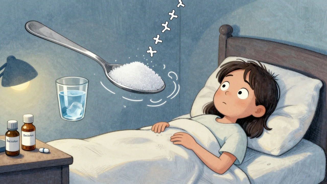 Patient at night with sugar spoon and ice water glowing, interrupting floating hiccup symbols above bed.